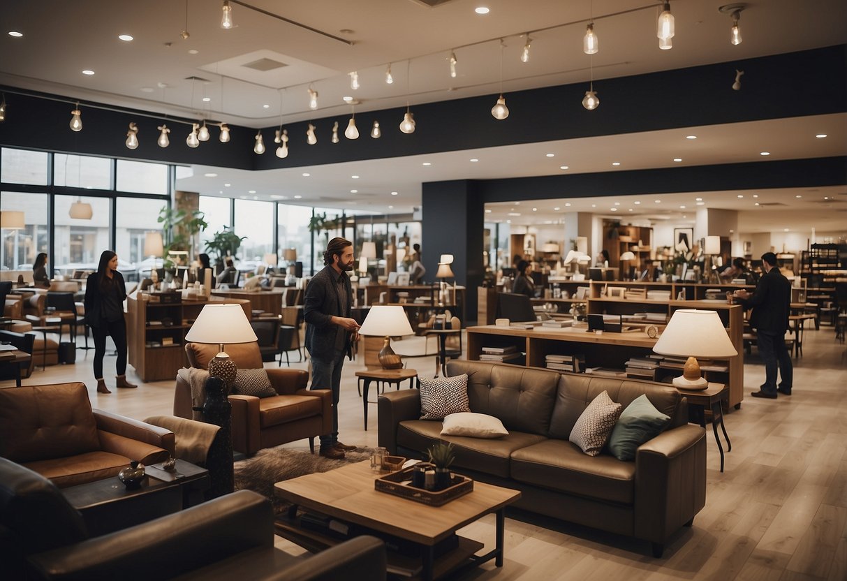 A busy furniture store with customers browsing, staff assisting, and shelves stocked with various items. Signs and displays highlight "Frequently Asked Questions" for customers to easily find information