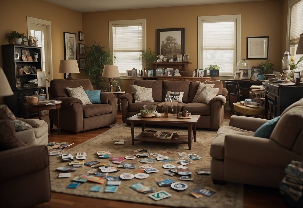 A cluttered living room with a mix of sofas, chairs, and tables. Items are marked with discount stickers and sales signs are scattered around the room