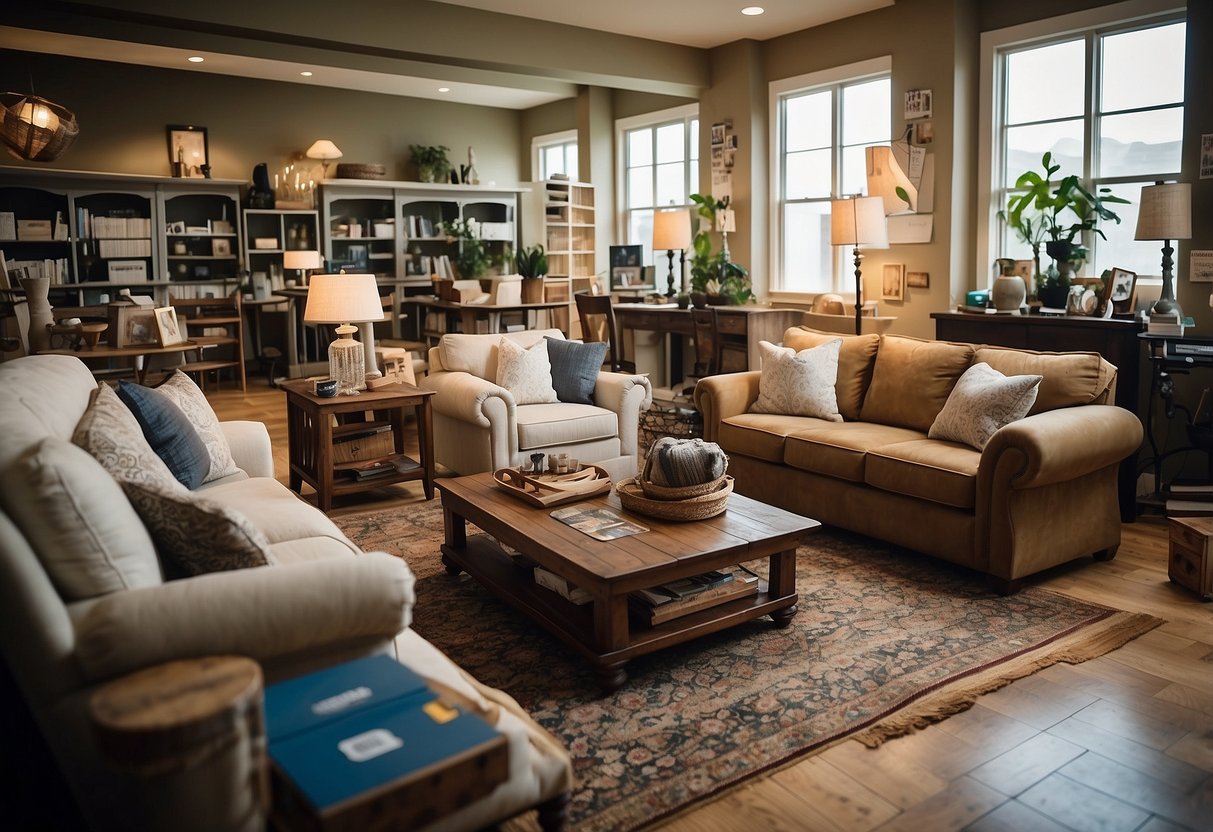 A room filled with various home furniture items, all marked with clearance tags and price stickers, indicating great deals
