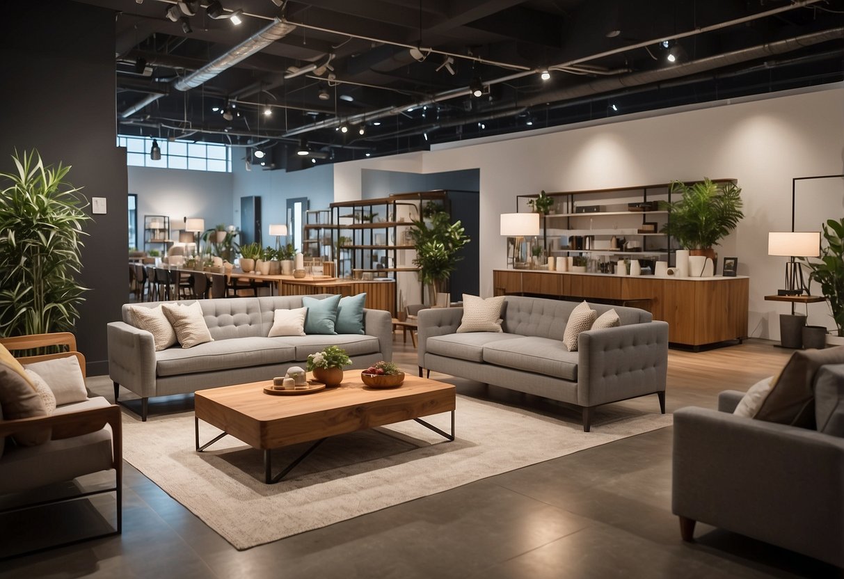 A spacious showroom with a variety of furniture materials on display, including wood, metal, and fabric options. Bright lighting and clean, modern design