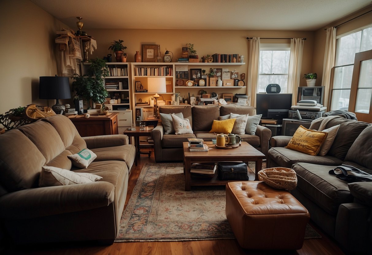 A cluttered living room with various furniture pieces stacked and labeled for clearance sale