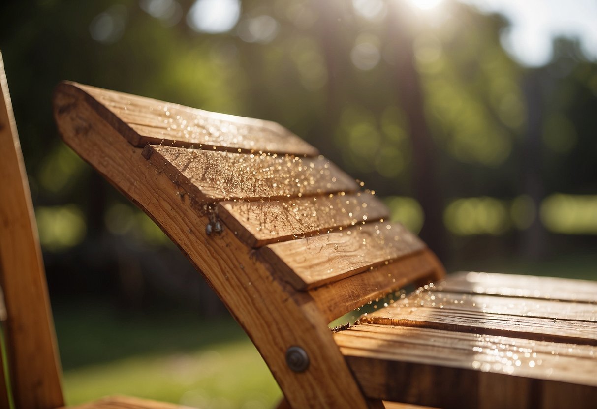 A wooden chair is being treated with a homemade termite solution, with a mixture being brushed onto the surface to protect it from further damage