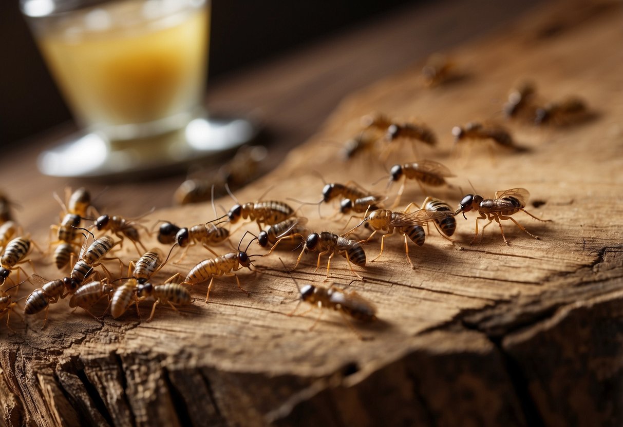 Termites infesting wooden furniture, visible damage and frass. Home remedies displayed nearby