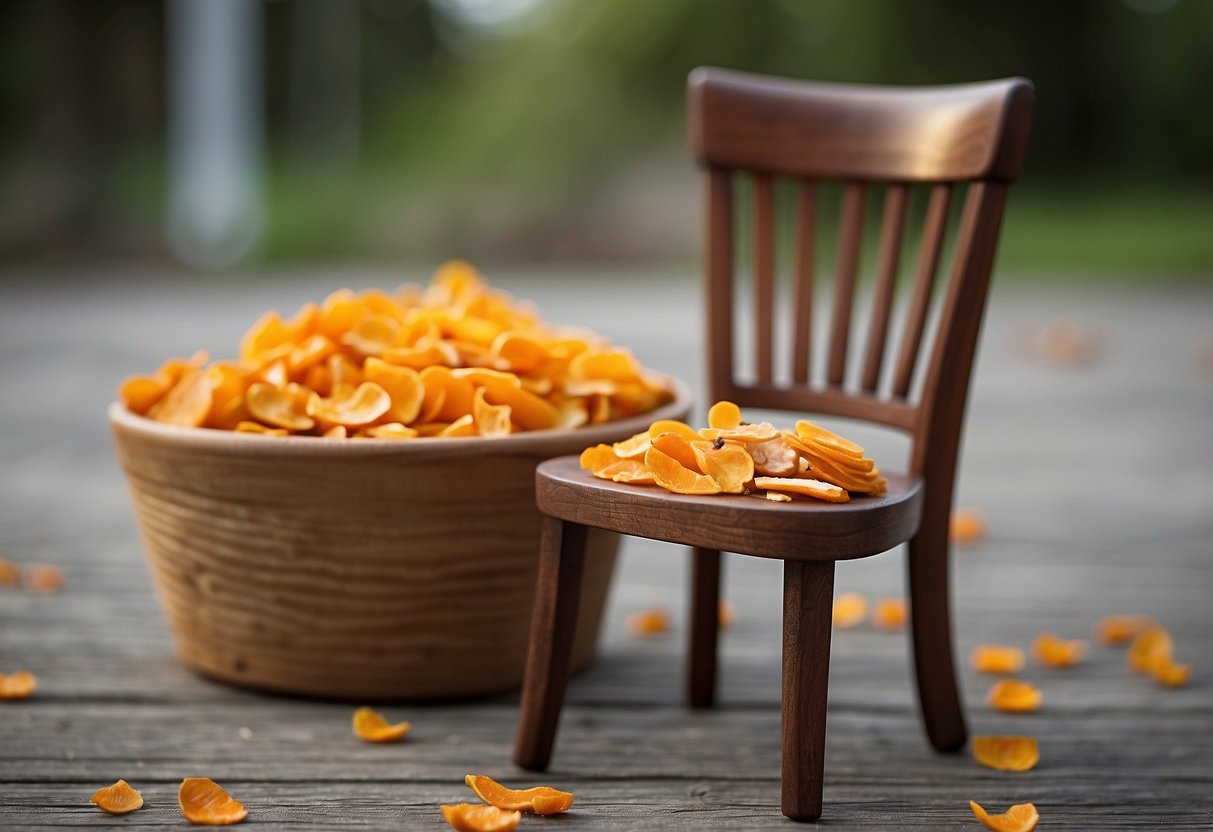 A wooden chair with visible termite damage. A small pile of orange peels and cloves placed around the legs as a natural remedy