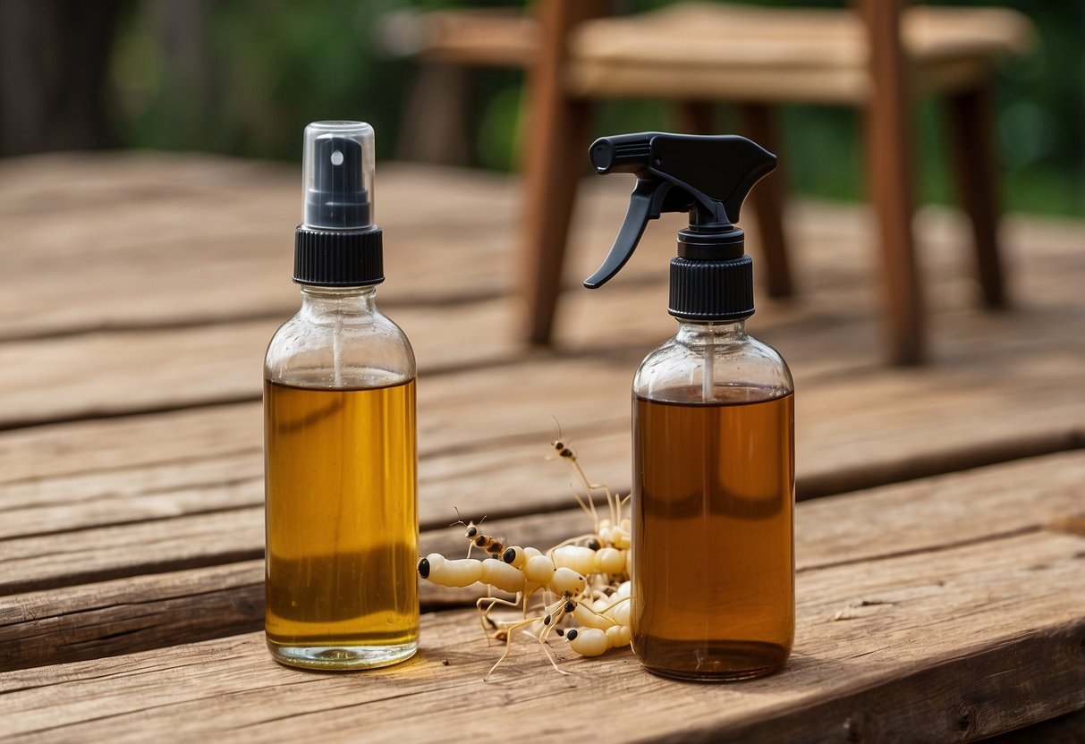 A bottle of vinegar and a spray bottle sit on a wooden table next to a damaged chair with termites crawling out of it