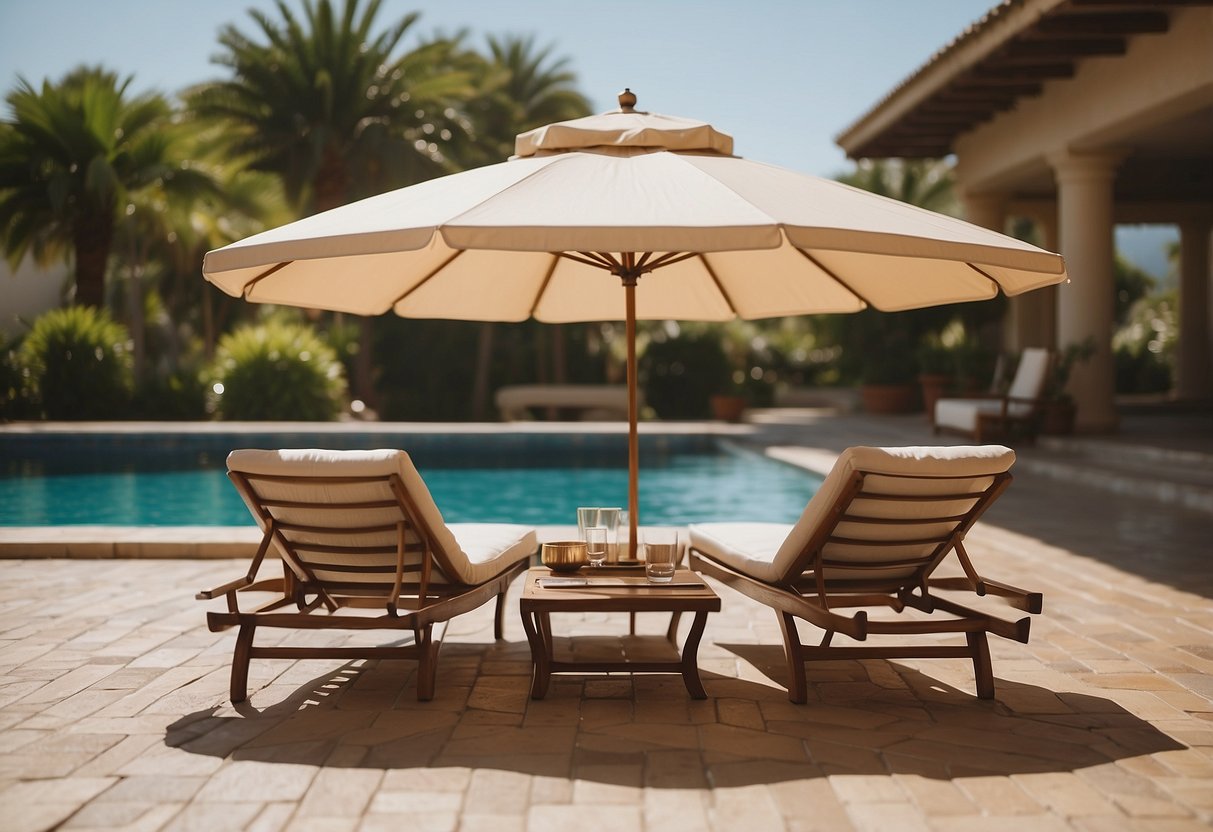 A sun umbrella shades a set of sleek loungers and a small table beside a glistening pool