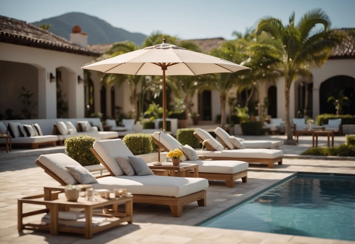 A luxurious poolside paradise with sleek, modern furniture, including a cozy outdoor sofa, stylish sun loungers, and a chic umbrella for shade