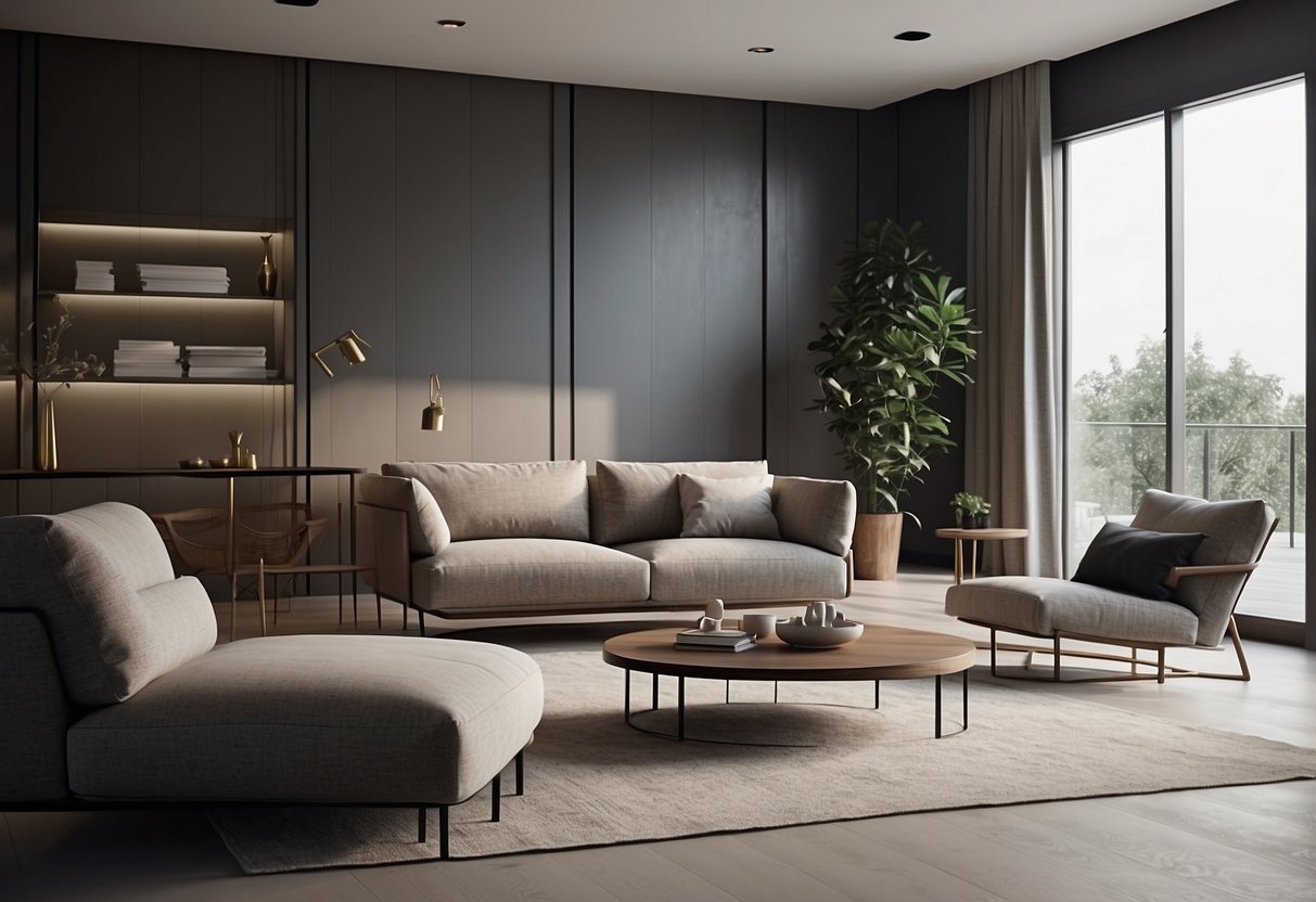 A modern living room with sleek, minimalist furniture arranged in a spacious and well-lit setting