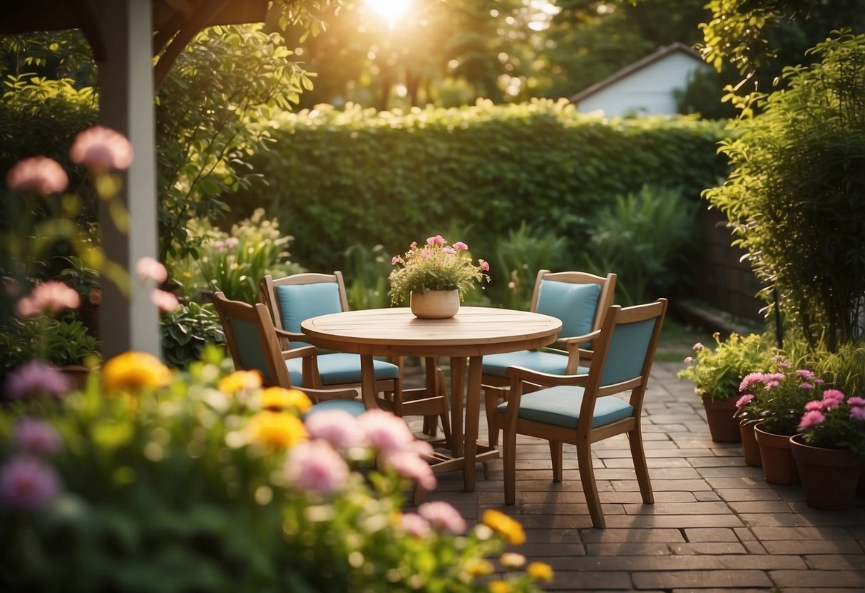 A serene backyard with a wooden table and chairs, surrounded by lush greenery and colorful flowers, under the warm glow of the sun