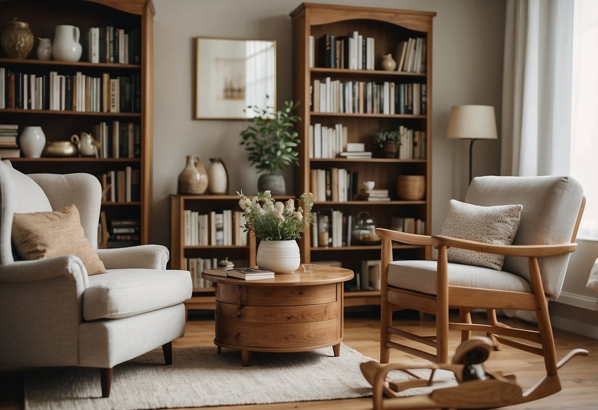 A cozy living room with real oak furniture, including a sturdy coffee table, a classic rocking chair, and a beautiful bookshelf
