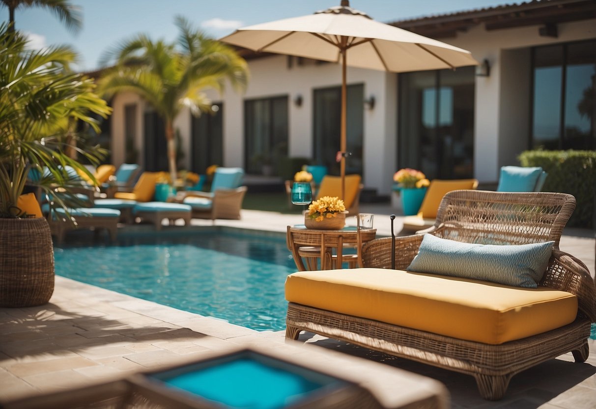 A poolside scene with modern, sleek furniture options. Metal and wicker chairs, glass tables, and colorful umbrellas create a stylish and inviting atmosphere