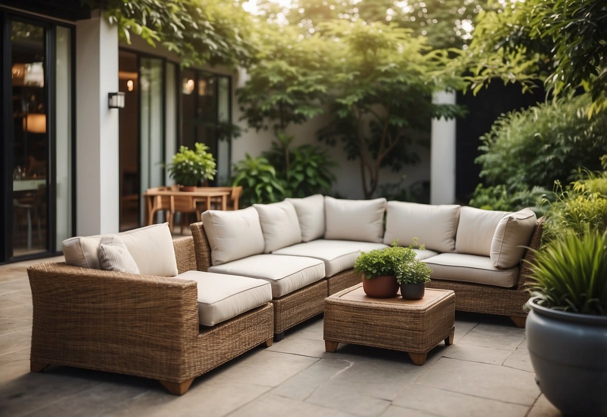 A patio with a comfortable sofa and chairs, surrounded by lush greenery, with a table set for outdoor dining