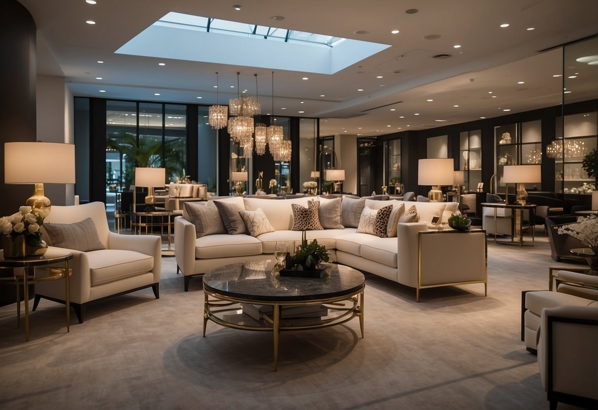 A spacious showroom filled with elegant furniture displays in soft lighting, inviting customers to explore Premier Furniture Designs' luxurious offerings
