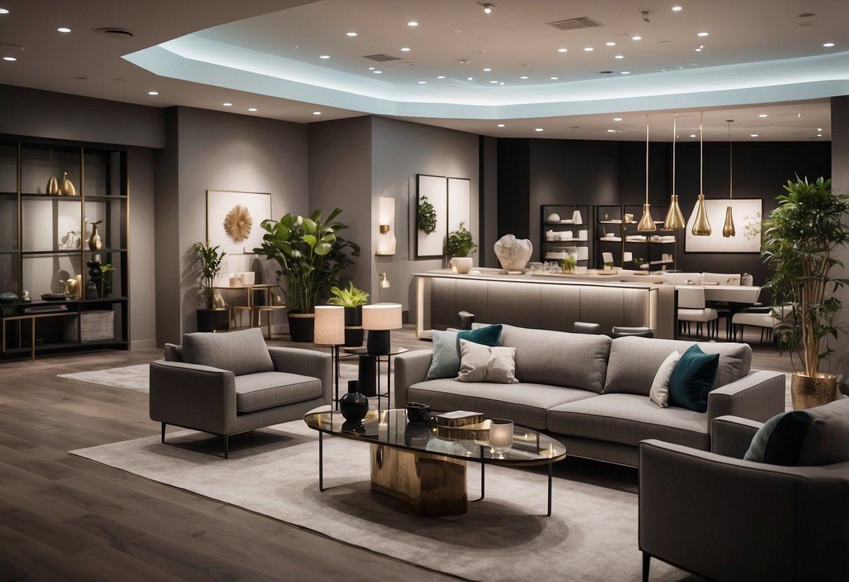 A sleek, modern furniture showroom with elegant displays and attentive staff assisting customers with a smile