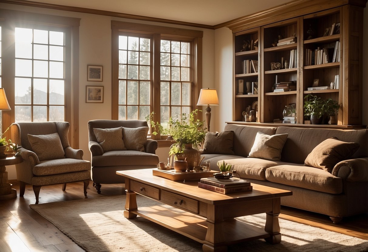 A cozy living room with a large, solid oak coffee table, bookshelves, and a beautiful oak dining set. Sunlight streams in through the window, casting a warm glow on the rich, natural wood