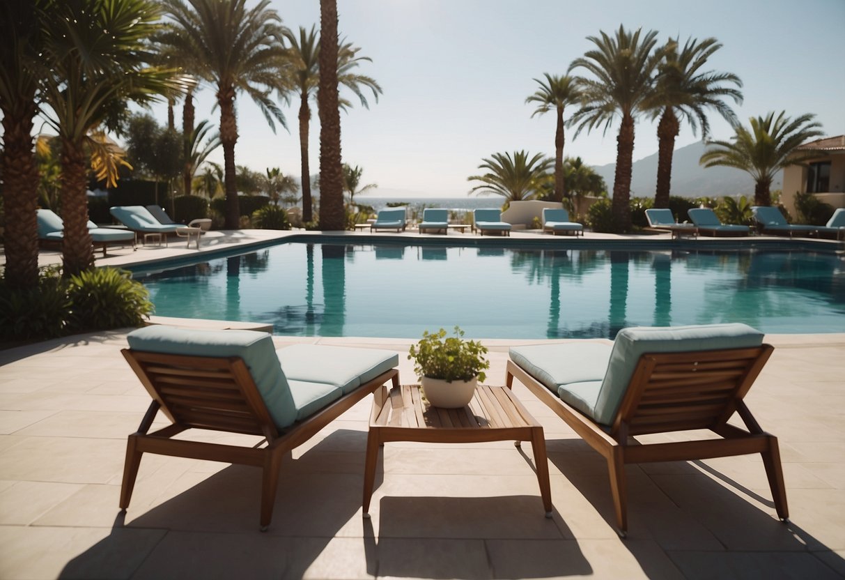 A poolside scene with various furniture options such as lounge chairs, umbrellas, side tables, and outdoor sofas arranged in a stylish and inviting manner