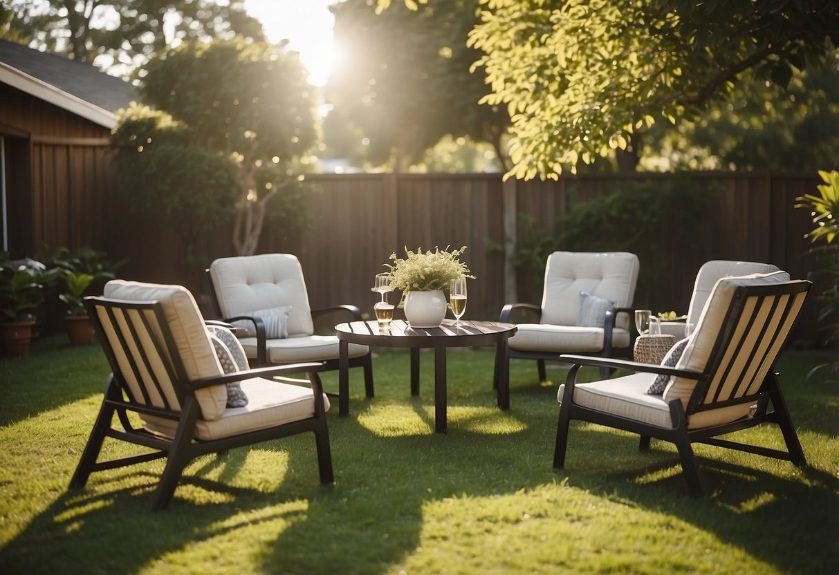 A sunny backyard with a variety of outdoor furniture, including tables, chairs, and loungers, all well-maintained and arranged for relaxation and enjoyment