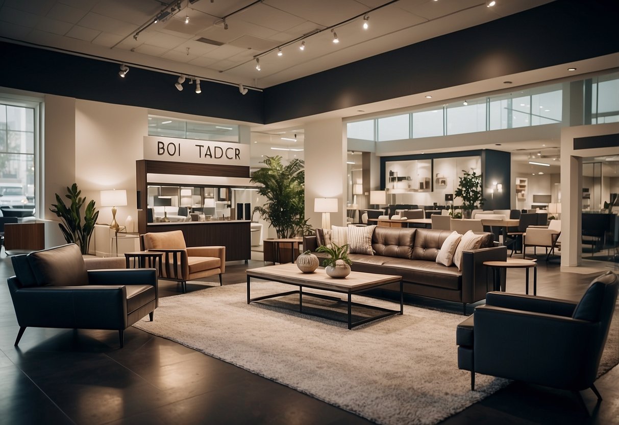 A well-lit showroom with sleek, modern furniture arranged in an inviting display. A sign reads "Frequently Asked Questions premier furniture" in bold lettering