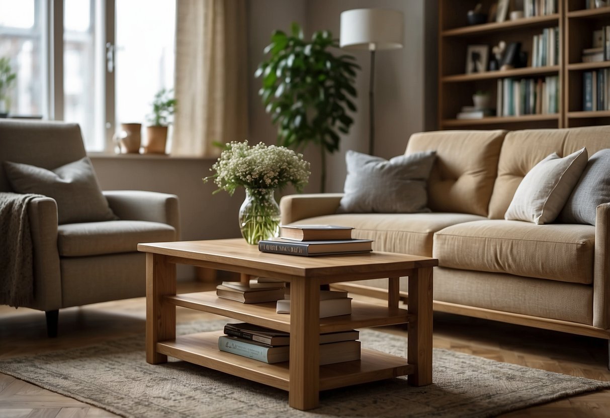 A cozy living room with oak furniture: a sturdy oak coffee table, a bookshelf filled with books, and a comfortable oak armchair