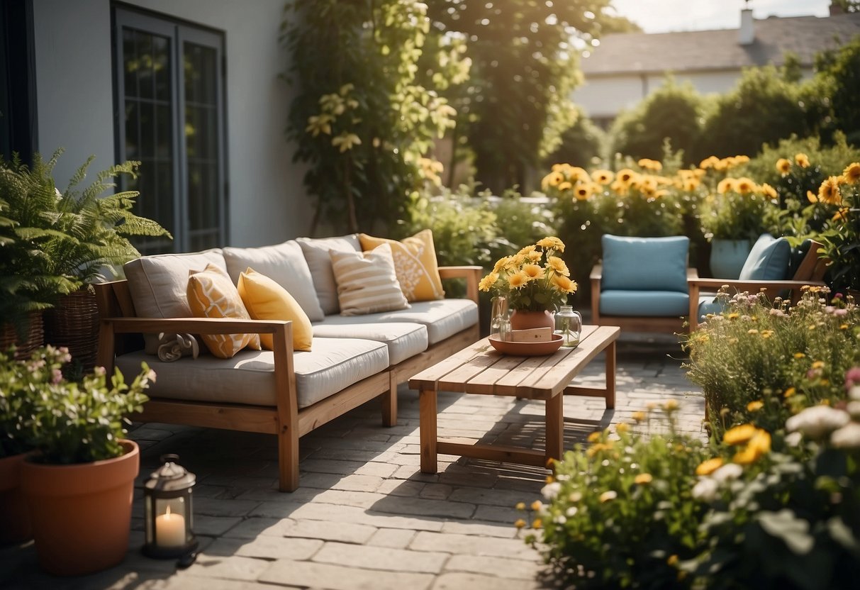 A sunny patio with a variety of stylish outdoor furniture arranged neatly, surrounded by lush greenery and colorful flowers