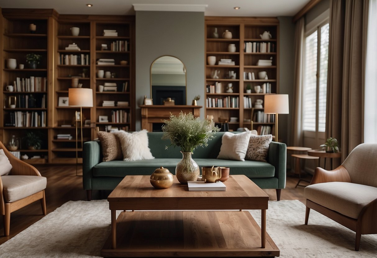 A cozy living room with a real oak coffee table, bookshelves, and a dining set. The furniture exudes warmth and durability, inviting guests to relax and enjoy