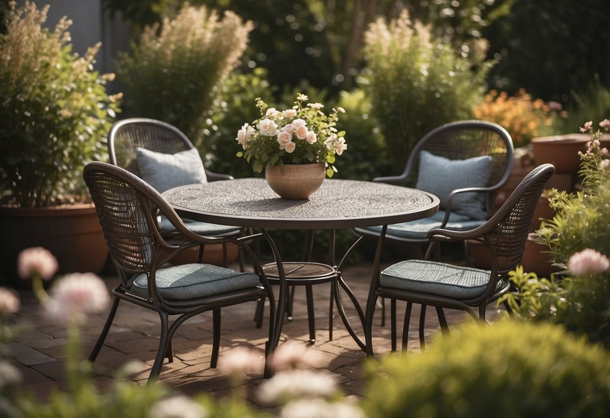 A patio set with resin furniture, including a table and chairs, sits in a lush garden with blooming flowers and a gentle breeze