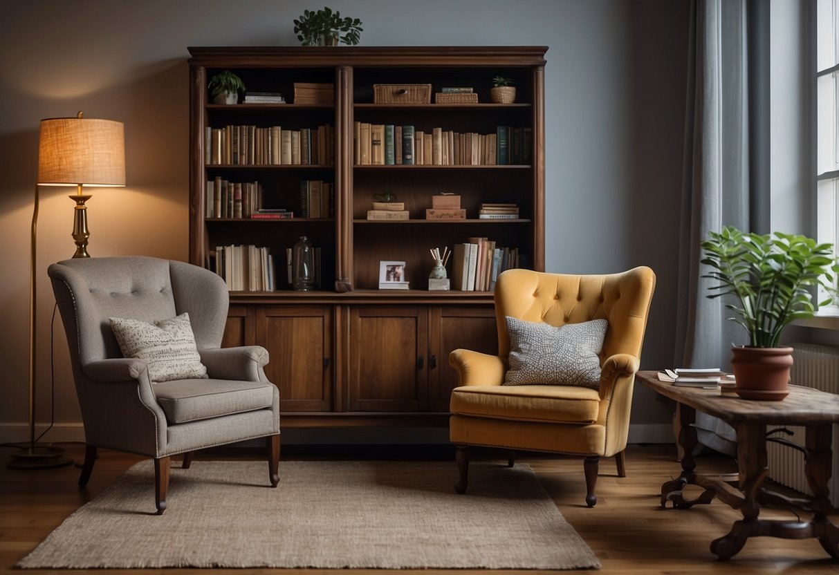 A cozy living room with refurbished furniture, including a vintage armchair, a distressed wooden coffee table, and a restored bookshelf
