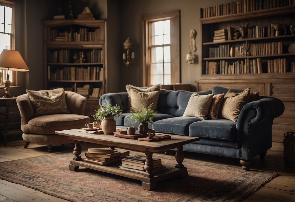 A cozy living room with worn wooden tables, a plush sofa, and a vintage rug. The walls are adorned with weathered picture frames and shelves filled with antique books