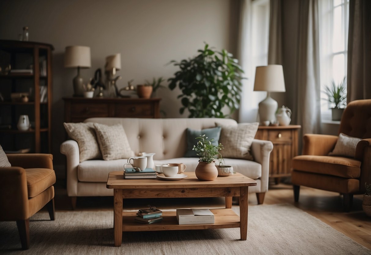 A cozy living room with a mix of vintage and modern refurbished furniture, including a distressed wooden coffee table and a reupholstered armchair