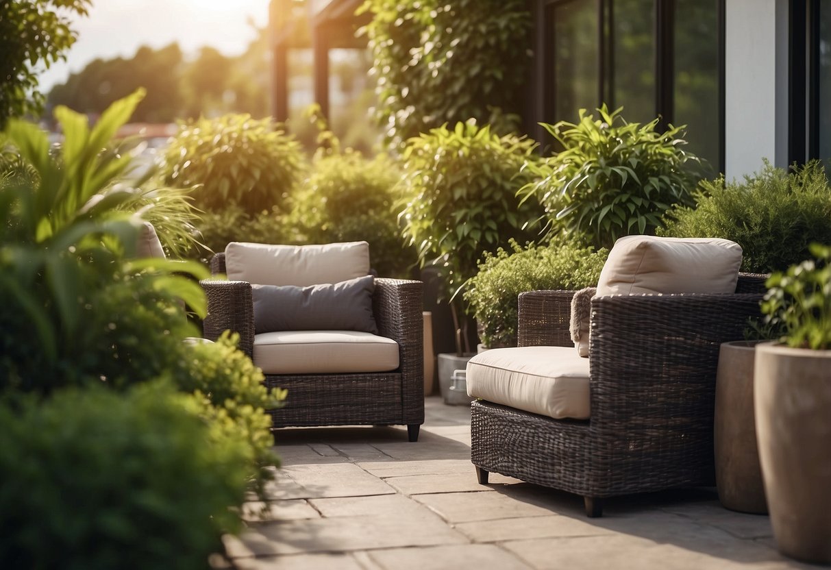 A modern outdoor patio with resin furniture, surrounded by lush greenery and basking in the warm sunlight