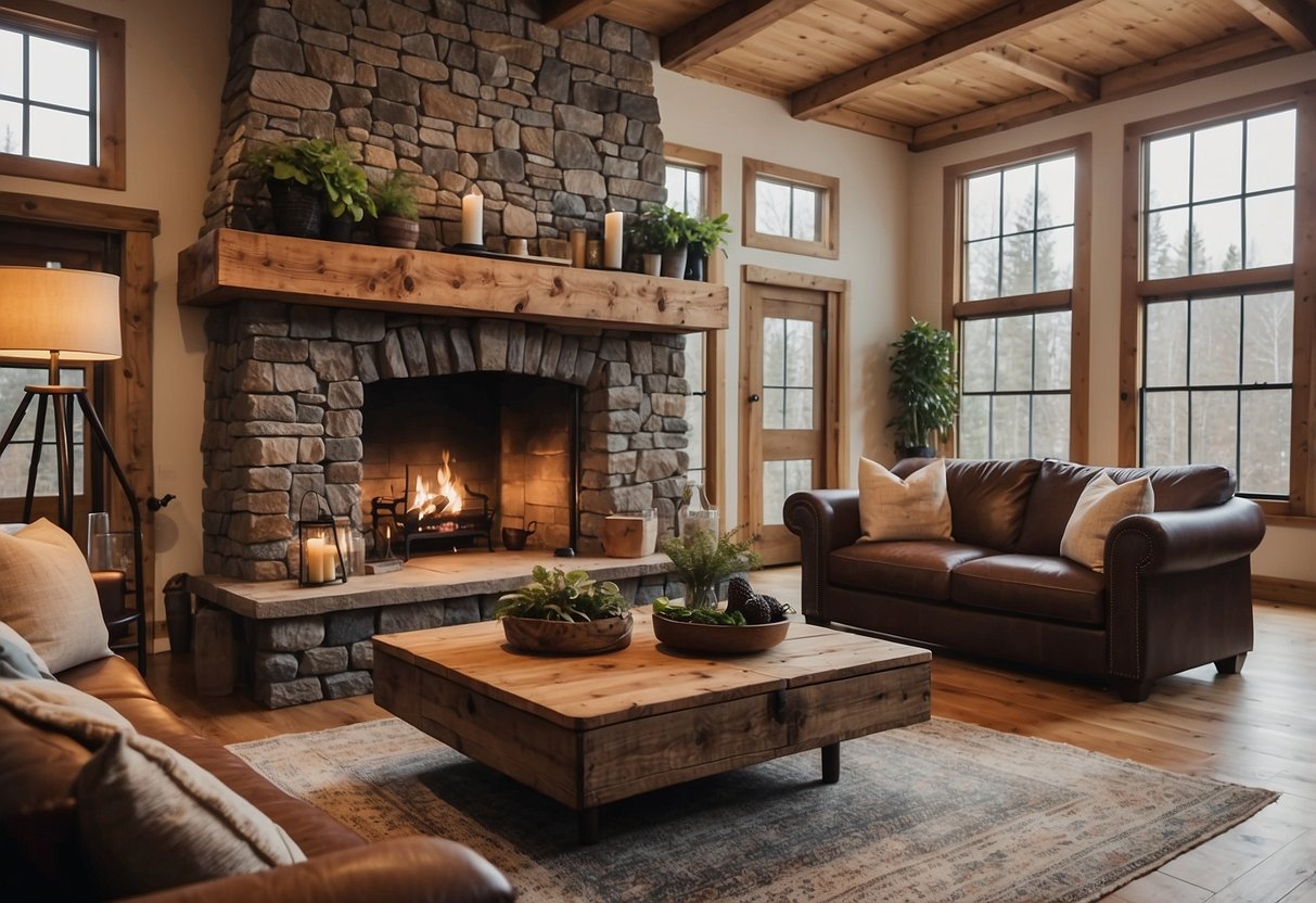 A cozy rustic living room with a large stone fireplace, wooden beams on the ceiling, a distressed leather sofa, and a reclaimed wood coffee table