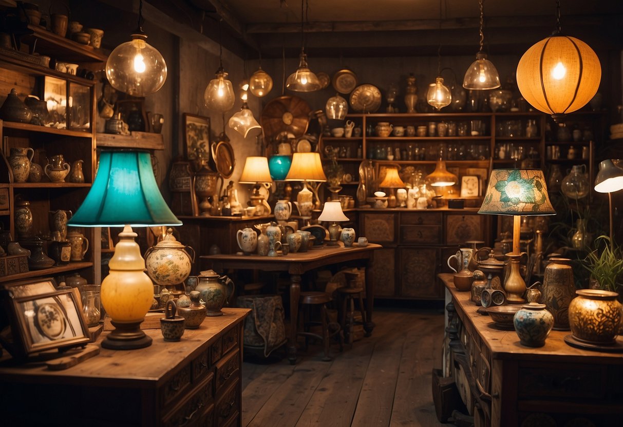 A cozy, eclectic shop filled with unique, hand-painted furniture. The warm glow of vintage lamps illuminates the colorful array of upcycled treasures