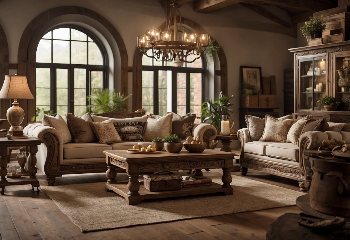 Rustic living room furniture adorned with intricate accessories and detailed carvings