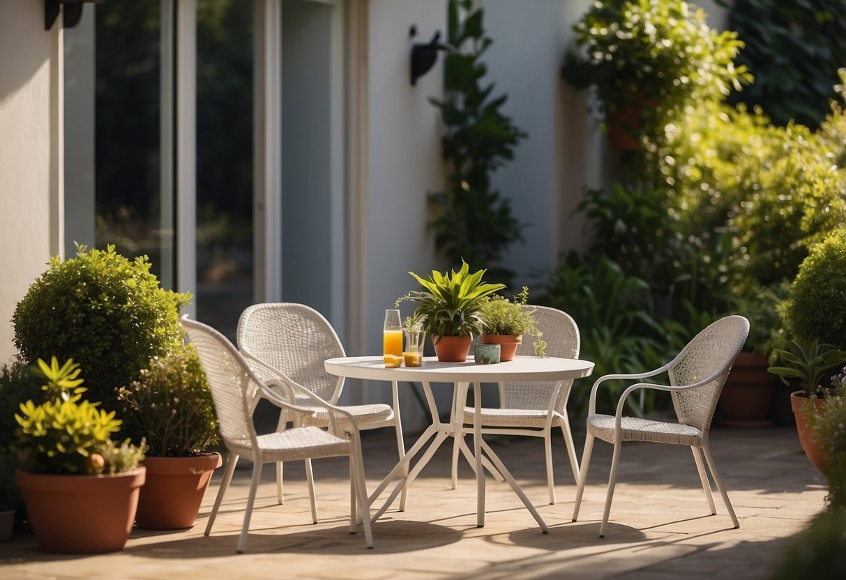 A sunny patio with a resin table and chairs, surrounded by lush greenery. The furniture is clean and shining, with a few magazines and a cold drink resting on the table