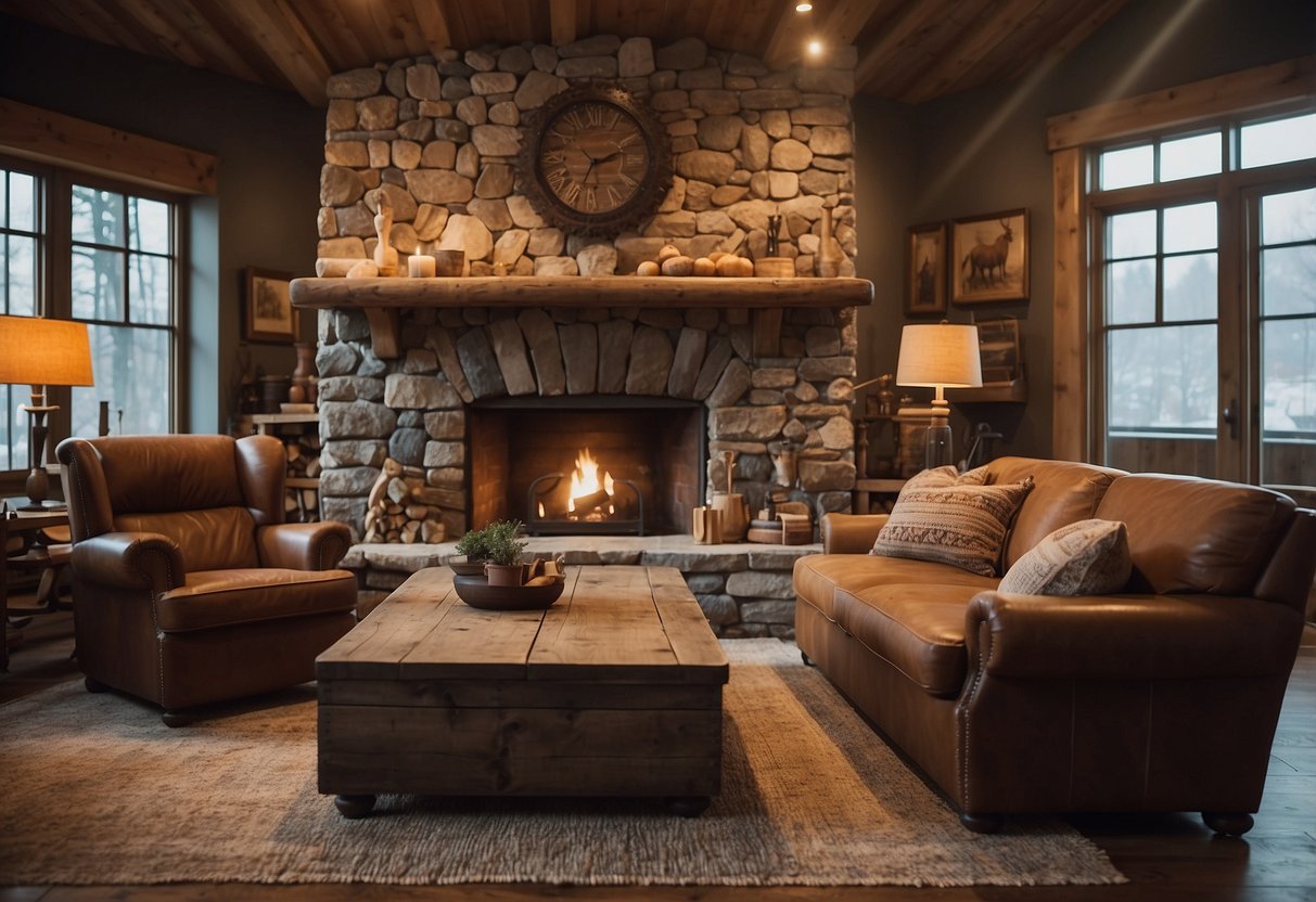 A cozy rustic living room with a large, weathered wooden coffee table, a plush leather sofa, and a stone fireplace surrounded by vintage armchairs