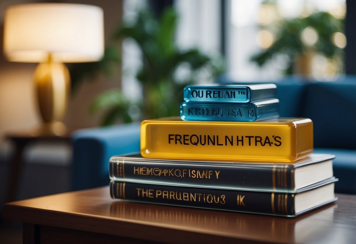 A stack of resin furniture with a "Frequently Asked Questions" sign beside it