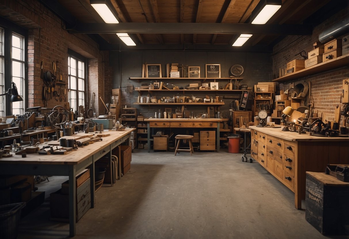 A workshop filled with refurbished furniture, tools, and materials. A sign reads "Frequently Asked Questions" in bold letters