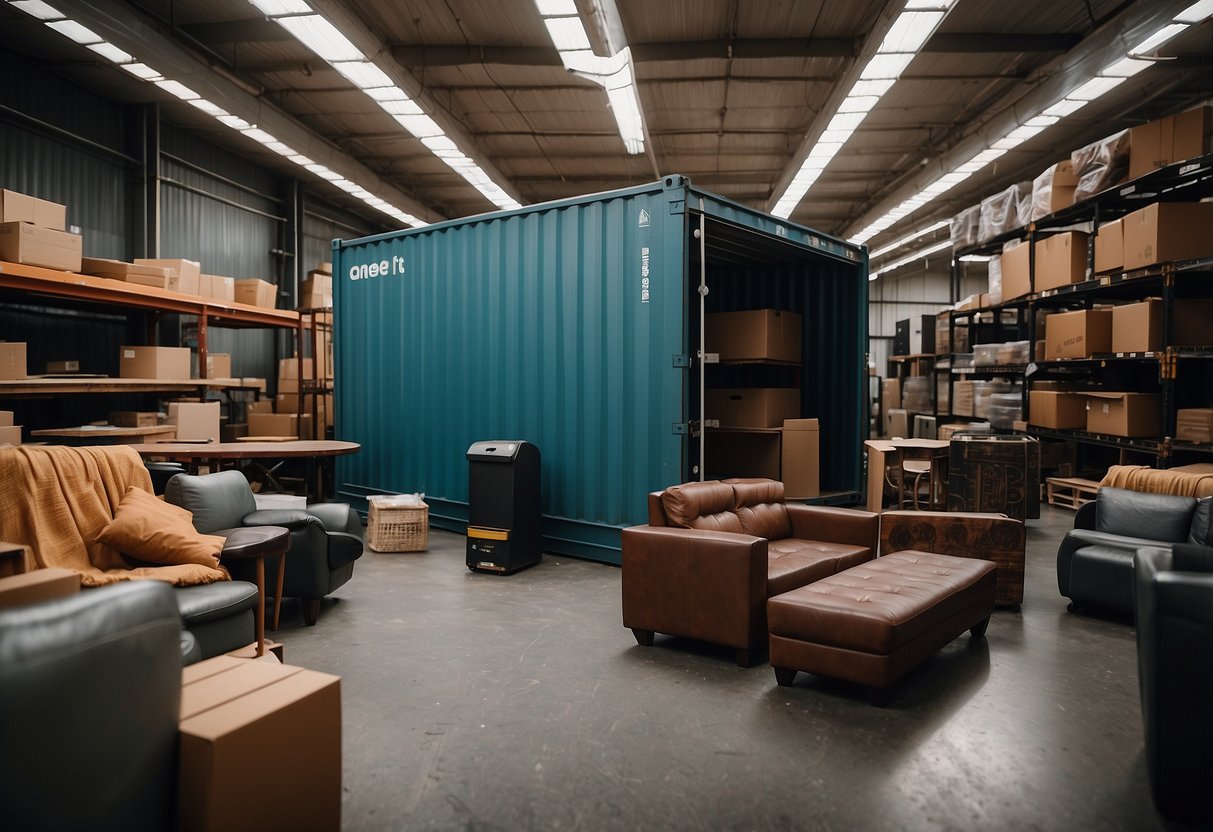 A 40-foot container filled with various furniture pieces, neatly arranged to maximize space. Sofas, tables, chairs, and shelves are packed tightly but still accessible for easy unloading