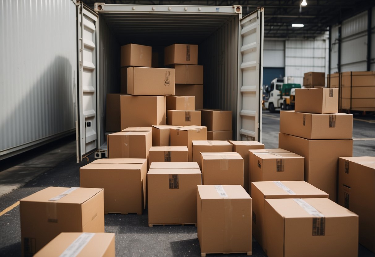 Furniture being strategically packed into a 40-foot container. Various pieces arranged to maximize space efficiency