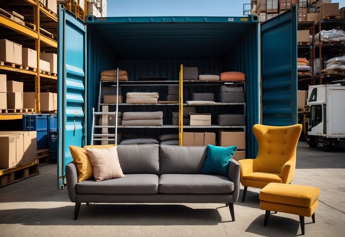 A 40-foot container filled with various sizes of furniture, including sofas, tables, chairs, and shelves, stacked neatly to maximize space