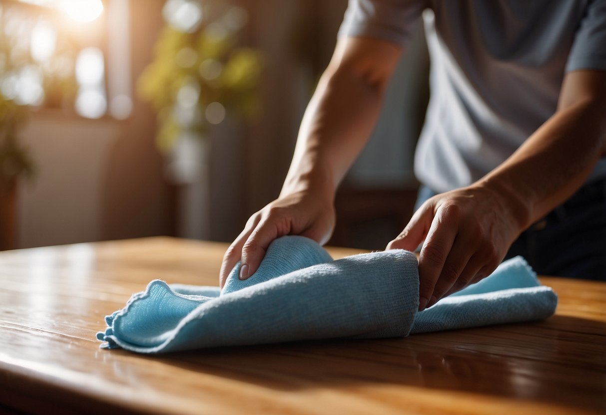 A soft cloth wipes down wood furniture, removing dust and polishing the surface to a gleaming shine