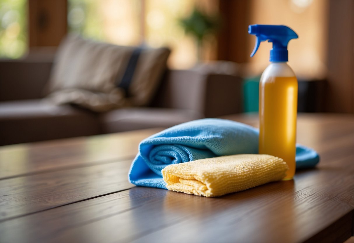 A cloth and wood cleaner sit on a table. A soft-bristled brush and microfiber cloth are nearby. Furniture is ready for cleaning