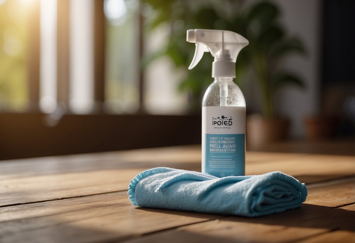 A soft cloth wipes away dust from a wooden table. A spray bottle and polish sit nearby