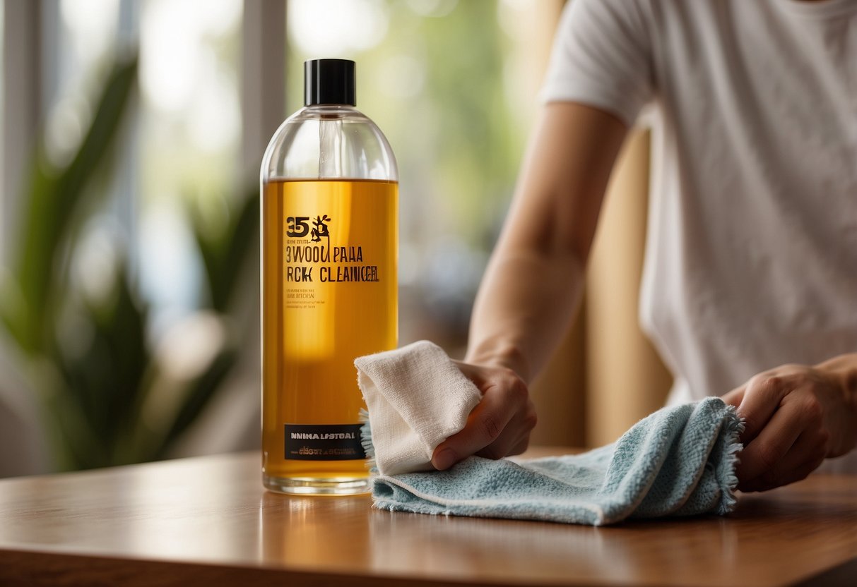 Wooden furniture being wiped with a soft cloth and wood cleaner, with a background of a clean and organized living room