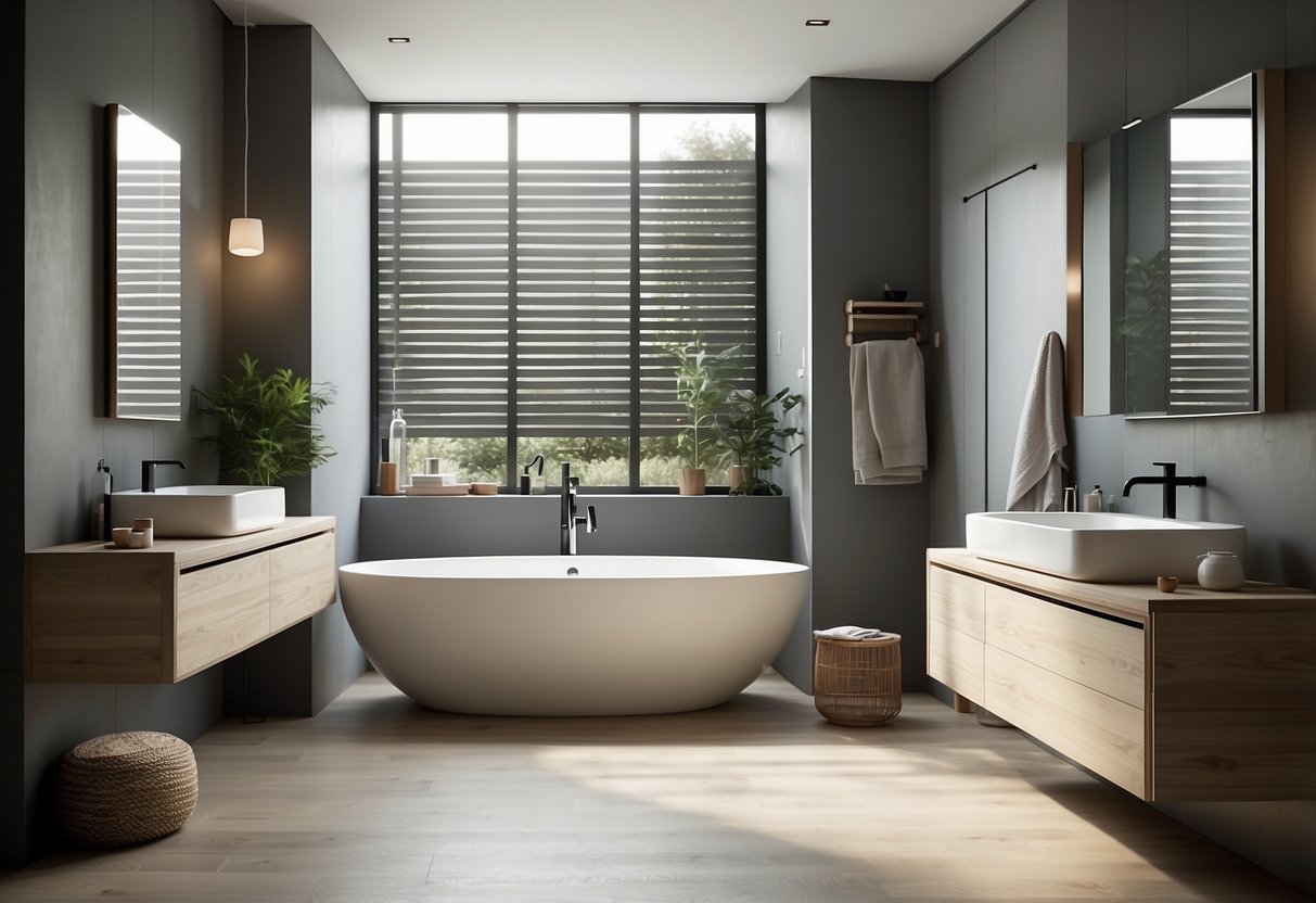 A sleek, minimalist bathroom with clean lines and natural wood furniture, accented with simple, modern fixtures and a serene, neutral color palette