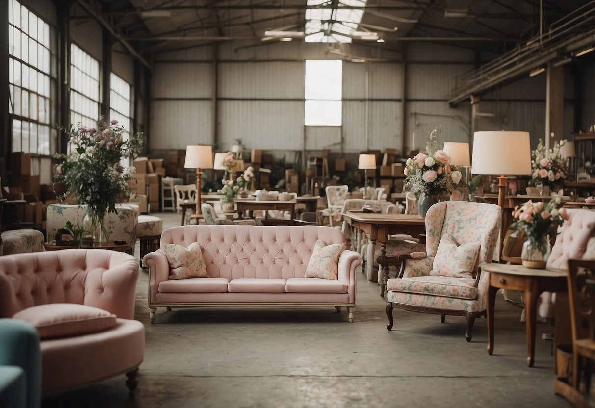 A warehouse filled with distressed, vintage-style furniture in pastel colors and floral patterns, ready for wholesale