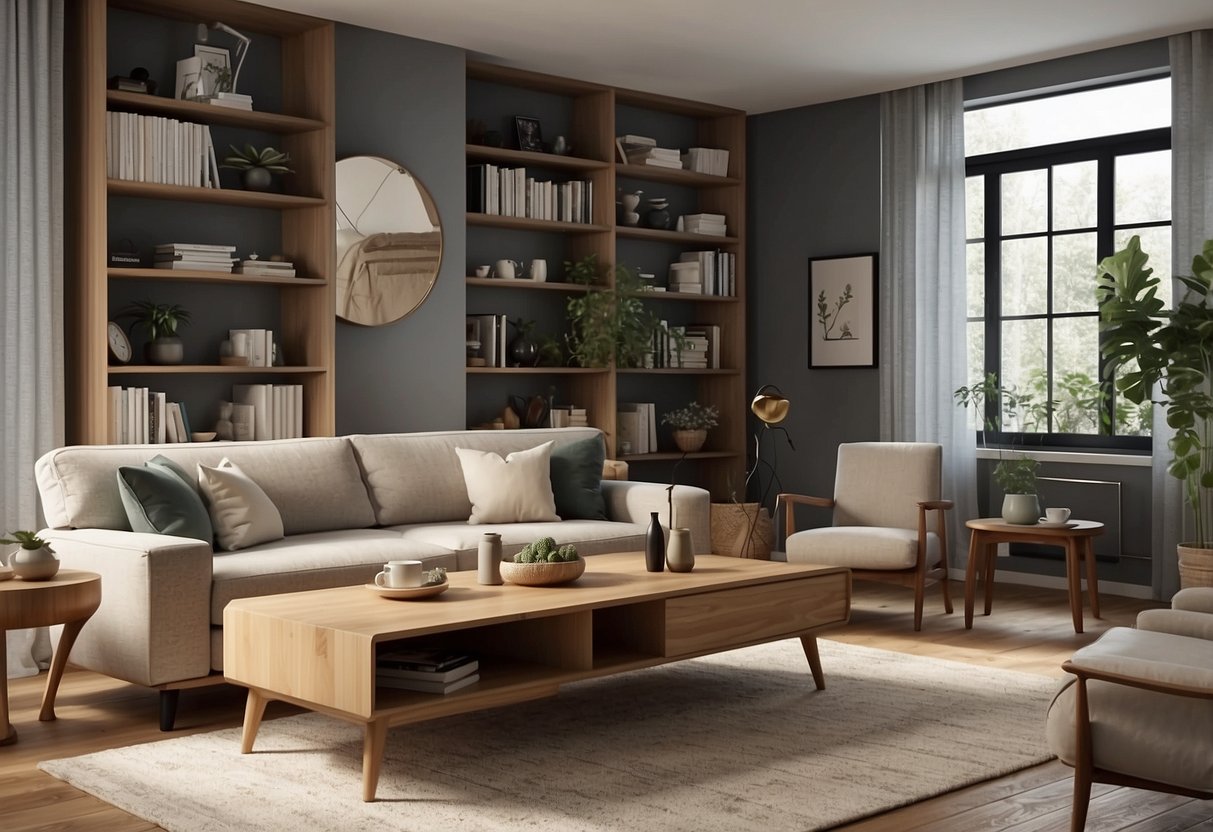 A cozy living room with a variety of solid wood furniture arranged tastefully, including a sturdy coffee table, a comfortable armchair, and a sleek wooden bookshelf