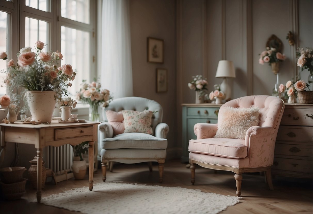 A cozy room filled with distressed, vintage furniture in pastel colors. Delicate floral patterns and worn wood create a charming, shabby chic atmosphere