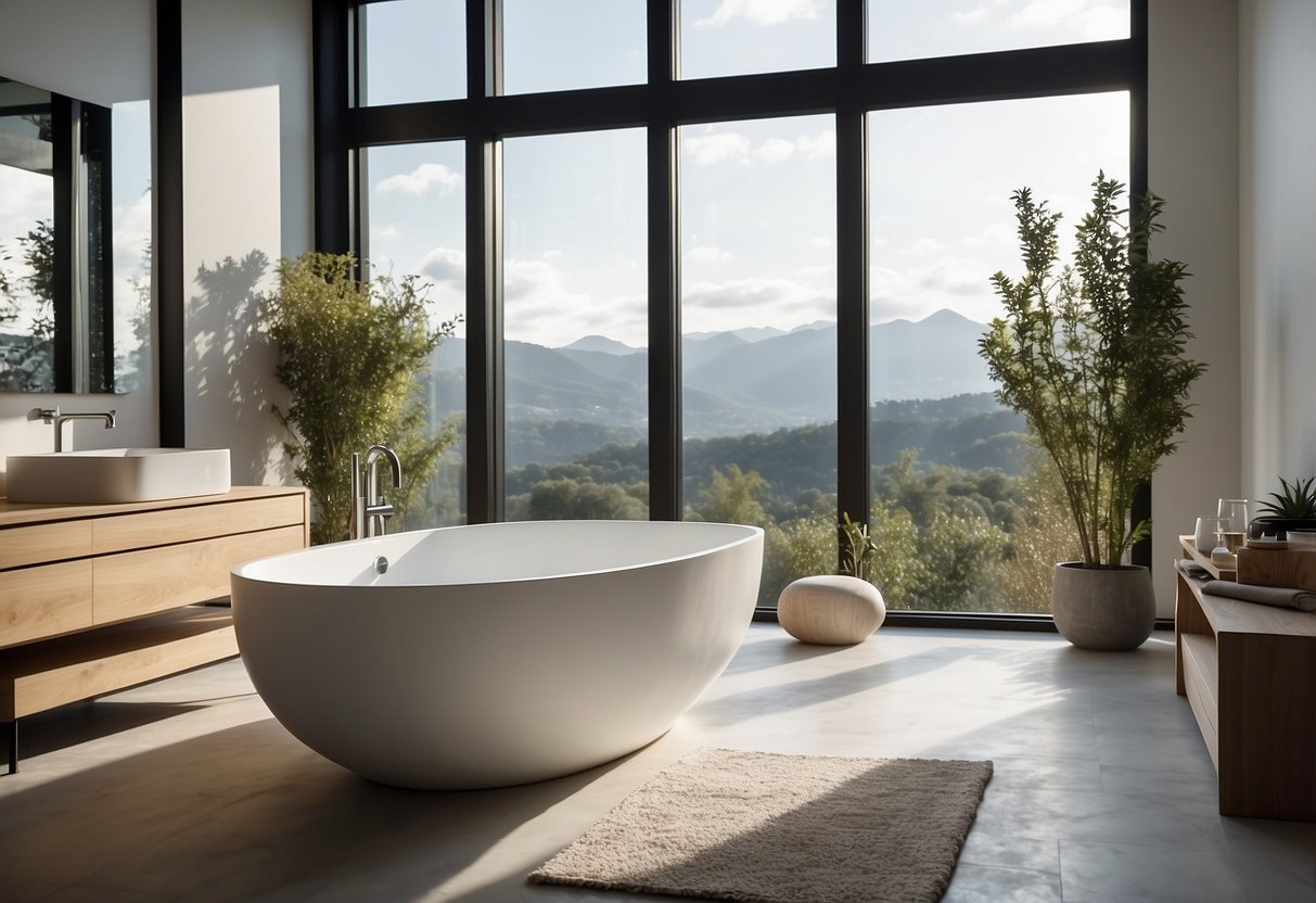 A minimalist bathroom with clean lines, light wood furniture, and simple, functional fixtures. A large, freestanding bathtub sits next to a large window, allowing natural light to flood the space