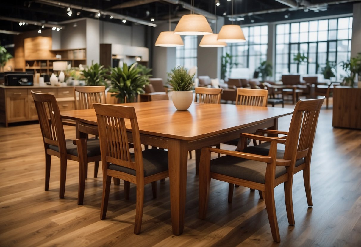 A spacious showroom displays a variety of solid wood furniture, including tables, chairs, and cabinets, with warm natural tones and intricate grain patterns